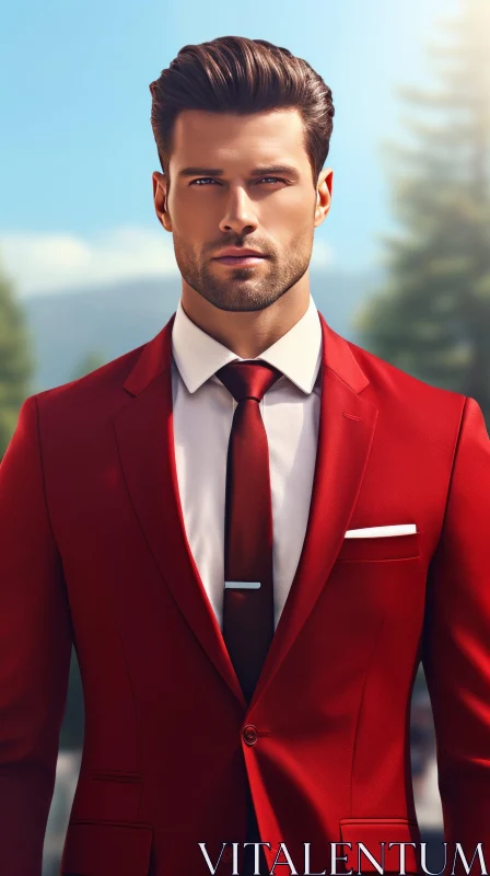 Young Man in Red Suit Standing in Forest AI Image