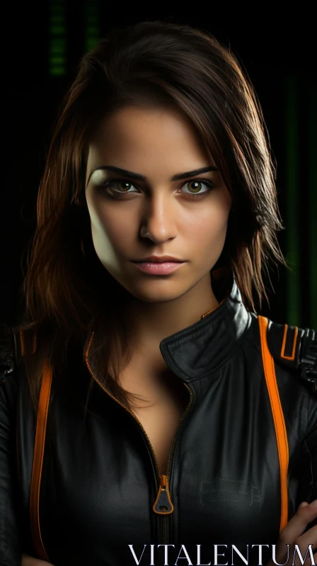 Young Woman Portrait in Black Leather Jacket AI Image