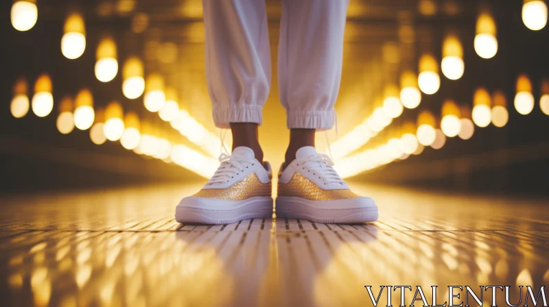 Brightly Lit Hallway with Person in White Sweatpants and Gold Sneakers AI Image