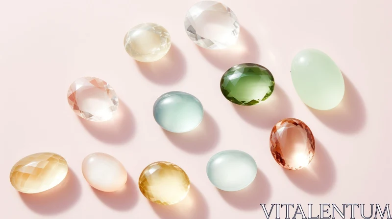 Colorful Gemstones Flat Lay on Pink Background AI Image