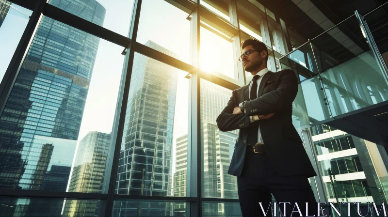 Confident Businessman in Modern Office Building | City Skyline View AI Image