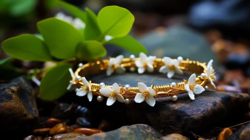 Exquisite Gold and Pearl Bracelet in Natural Setting