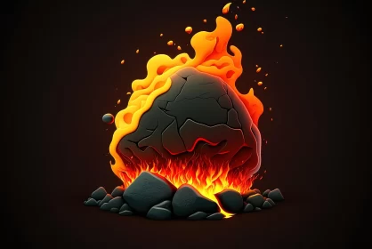 Fiery Rock Illustration with Stylized and Hyper-Detailed Elements
