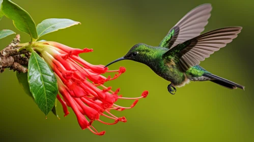 Green Hummingbird Flying to Red Flower