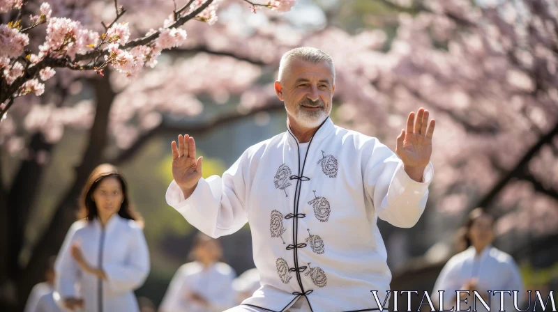 AI ART Man Practicing Tai Chi in Park with Cherry Blossoms
