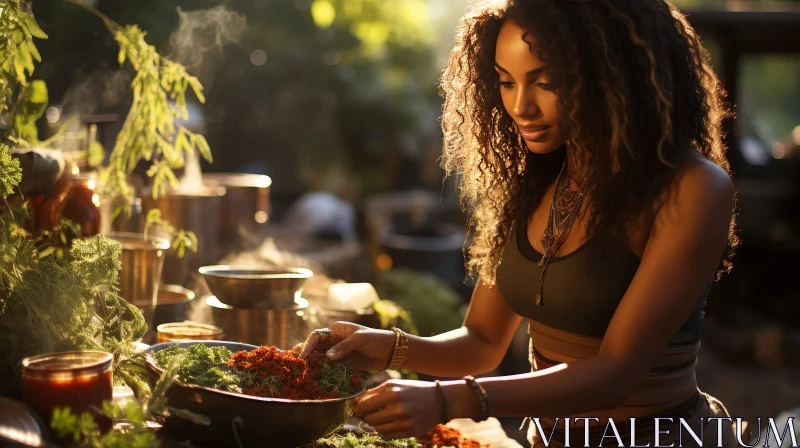 Outdoor Cooking with Herbs: African-American Woman AI Image