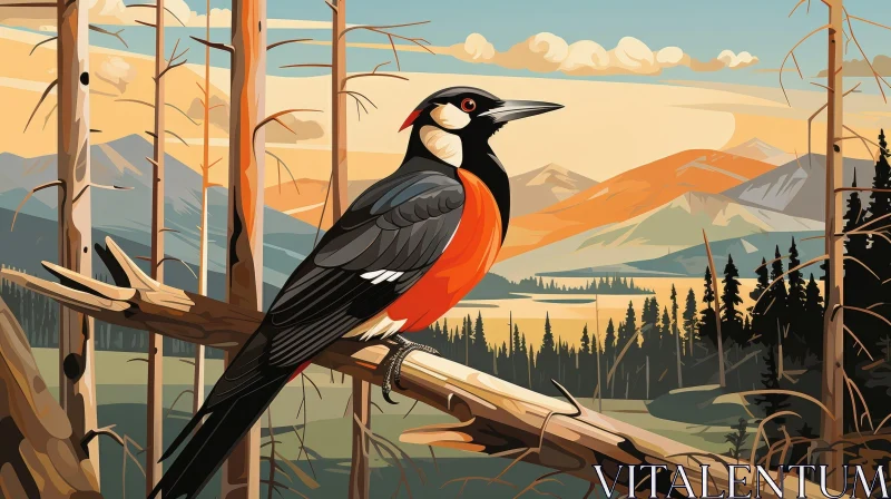 Pileated Woodpecker in Mountain Landscape Illustration AI Image