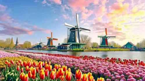 Scenic Windmill in the Netherlands Surrounded by Colorful Tulips
