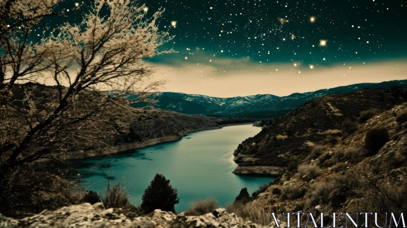Starry Night Lake Landscape in the Mountains AI Image