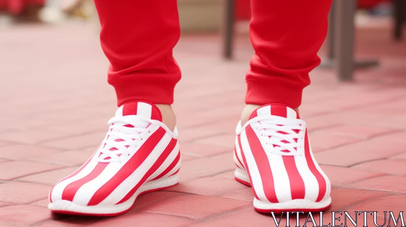 AI ART Street Style Red and White Striped Sneakers on Brick Floor