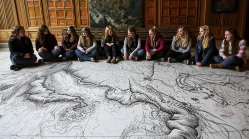 Teenage Girls Exploring a Detailed Map of a River System in a Large Room
