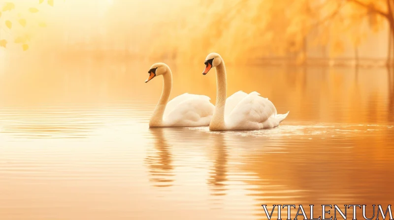 Tranquil Swans in Golden Lake AI Image