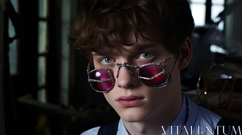 AI ART Unique Young Man Portrait with Blue Eyes and Unusual Glasses
