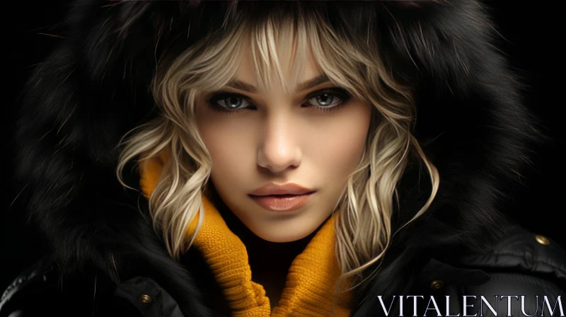 Young Woman in Black Fur Coat AI Image