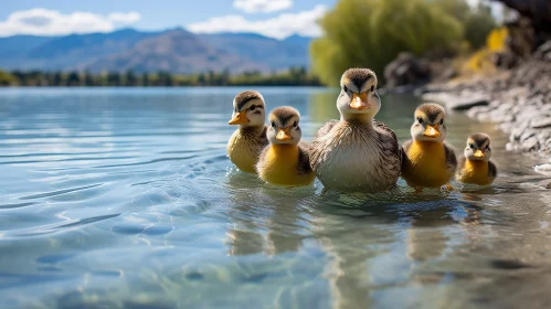 Adorable Ducklings Swimming in a Picturesque Lake