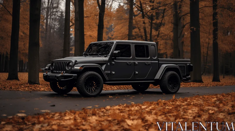Black Jeep Truck Parked in Fall Colored Forest | Immersive Monochromatic Tones AI Image