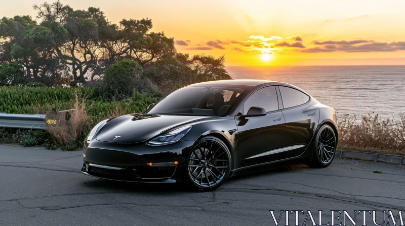 AI ART Black Tesla Model 3 on Cliffside Road at Sunset