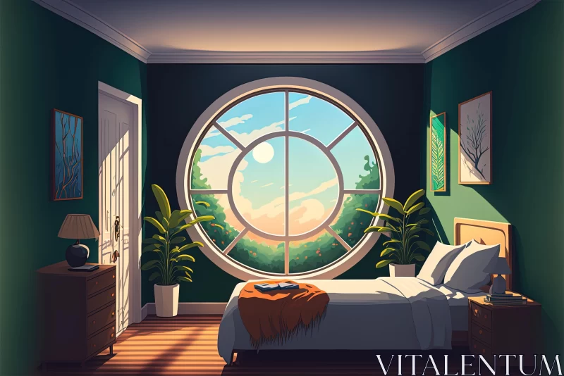 Captivating Room with Circular Window and Lush Landscape Backgrounds AI Image