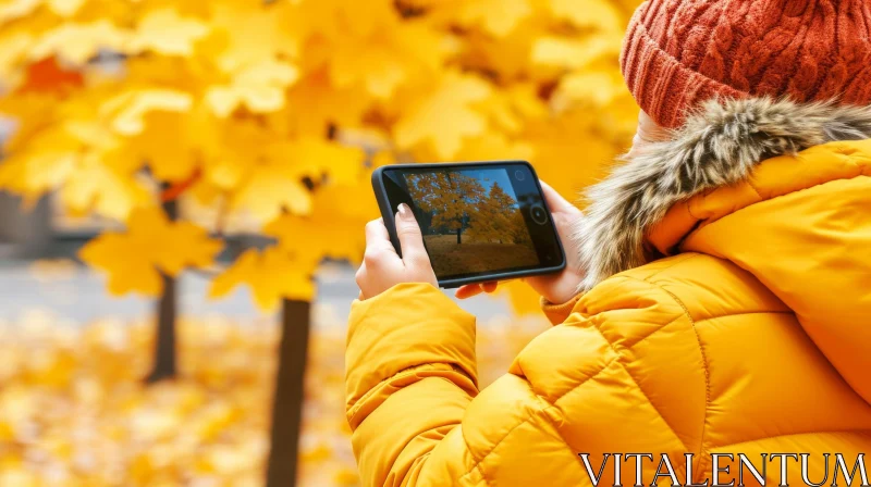 Capturing the Beauty of Autumn: Young Woman Photographing a Majestic Tree AI Image