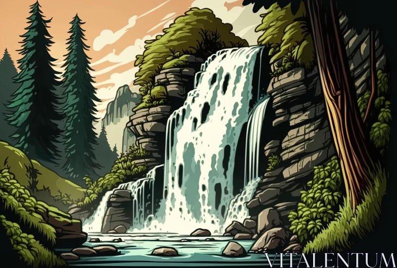 Detailed Comic Book Art: Waterfall in Summer Forest AI Image