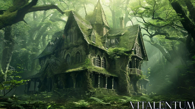 Eerie Digital Painting of an Abandoned Mansion in a Dark Forest AI Image