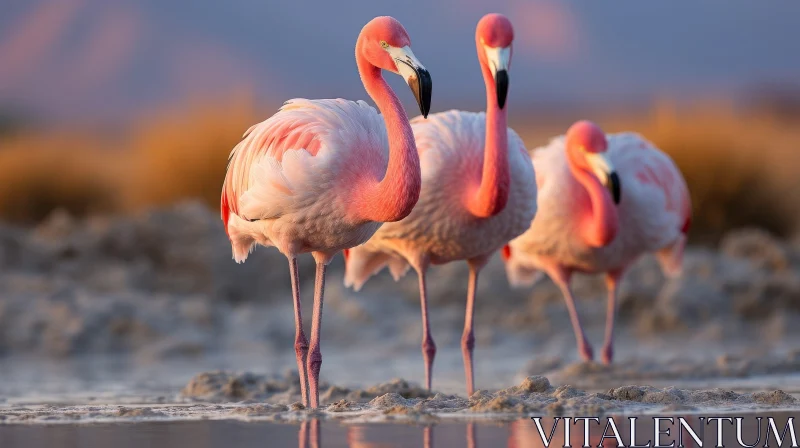 Graceful Pink Flamingos in Sunset Lake AI Image