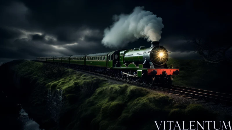 AI ART Green Steam Locomotive Traveling Through Rural Landscape
