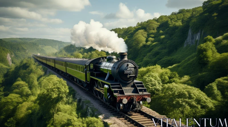 Green Steam Train in Lush Forest AI Image