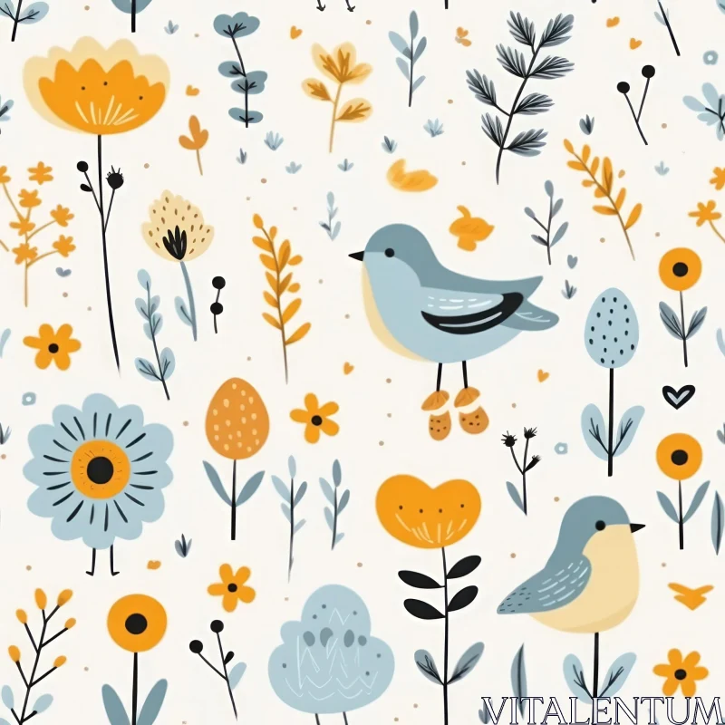 Hand-drawn Floral and Bird Seamless Pattern - White Background AI Image