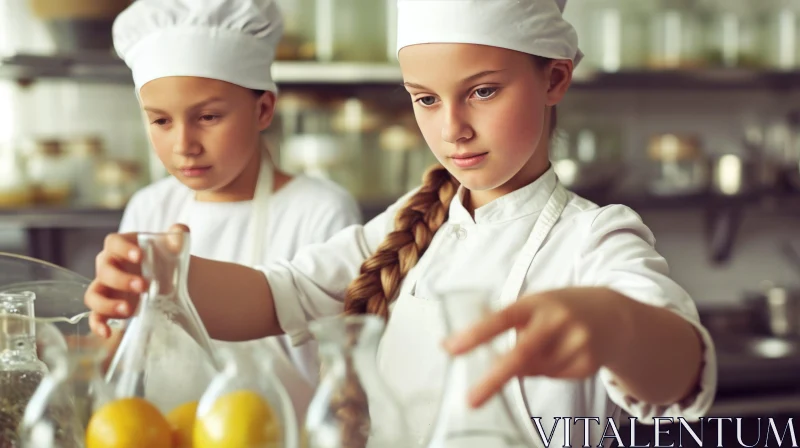 Innocent Cooking Adventure: Two Young Girls in a Kitchen AI Image