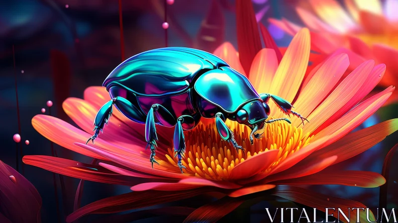 AI ART Iridescent Beetle on Red Flower - Nature Photography
