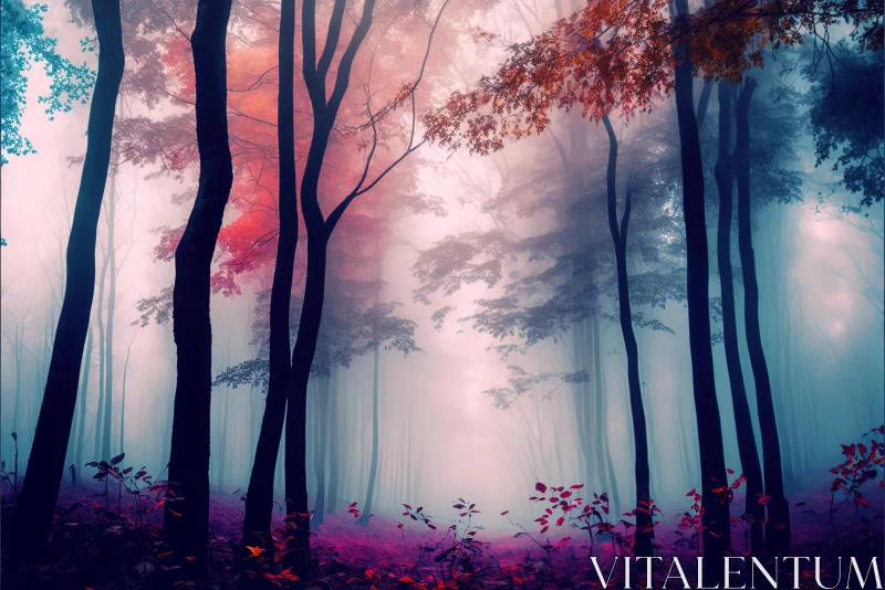 Misty Forest: Dreamy and Romantic Red and Blue Forest AI Image