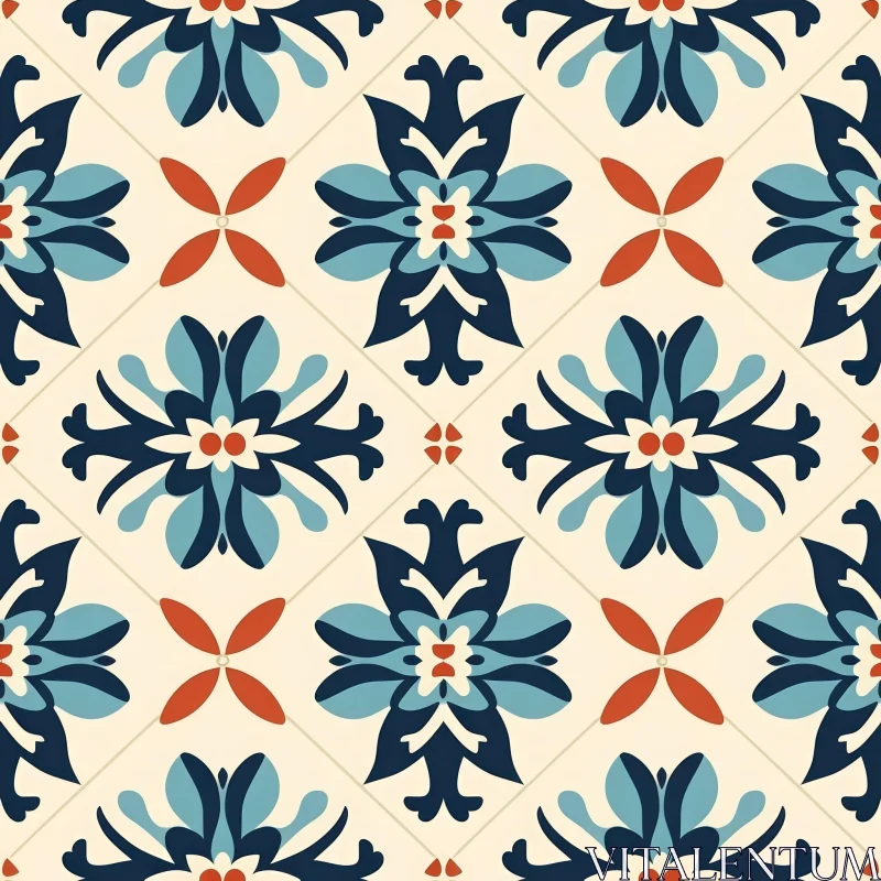 Moroccan Tiles Seamless Pattern - Blue, Red Stars on Cream Background AI Image