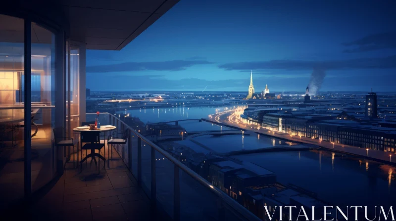 AI ART Night Cityscape with Bridge View from Balcony