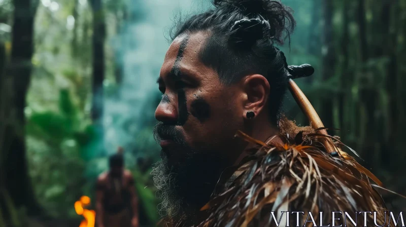 Powerful Portrait of a Maori Warrior in a Forest AI Image