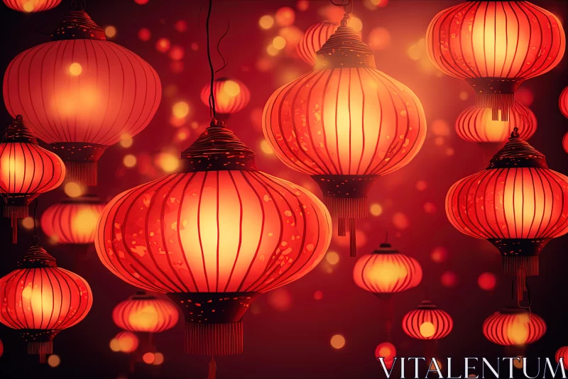 Red Chinese Lanterns on Dark Background - Nostalgic Illustration AI Image