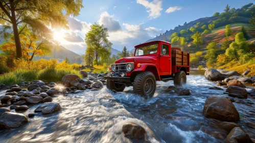 Red Pickup Truck Crossing River in Mountain Landscape