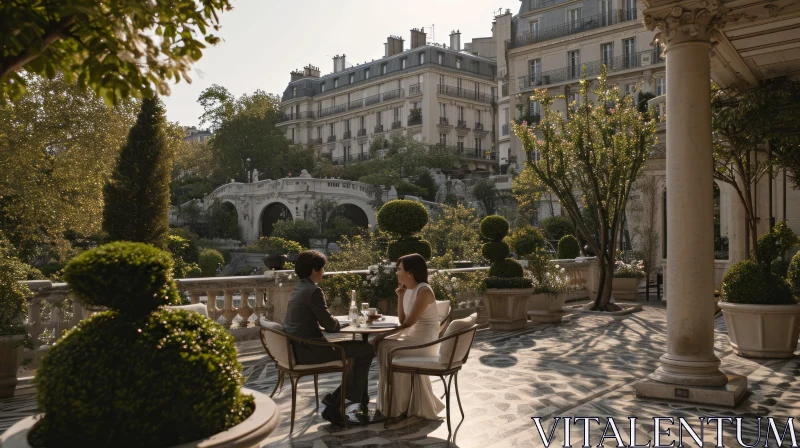 Romantic Couple on Terrace: Elegant Evening with Wine AI Image