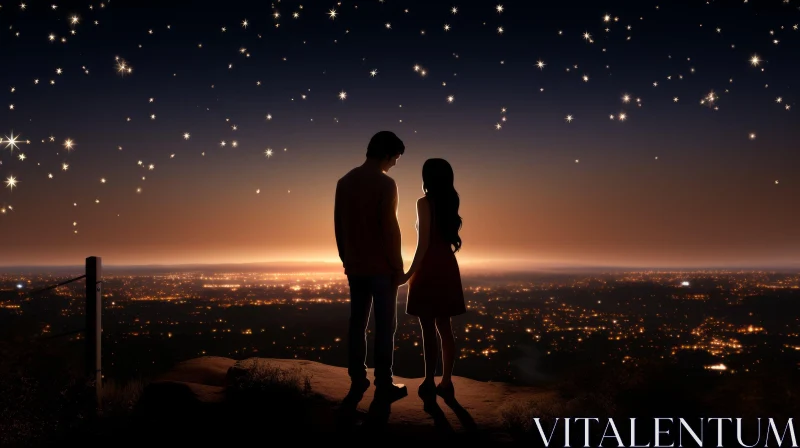 Romantic Night Scene with Couple under Starry Sky AI Image