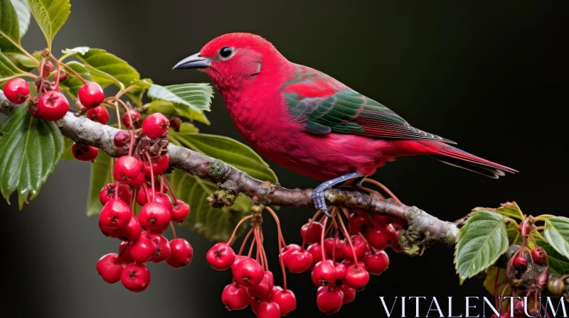 Scarlet Bird on Tree Branch with Red Berries AI Image