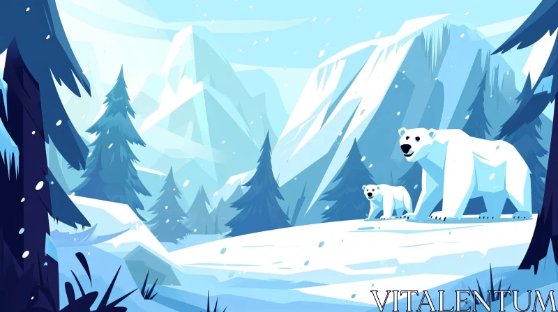 Snowy Landscape Cartoon with Polar Bears AI Image