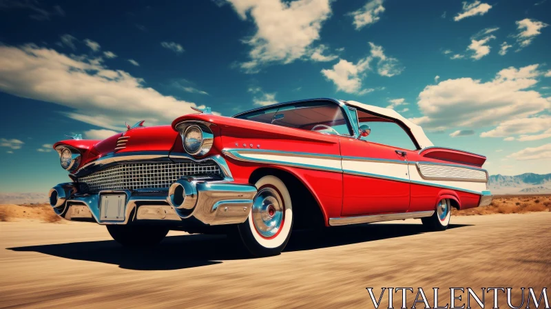 Vintage Red and White Convertible Car Driving on Desert Road AI Image