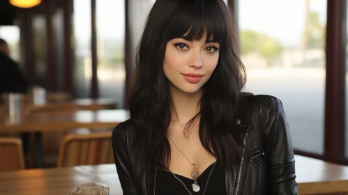 Young Woman in Black Leather Jacket at Restaurant