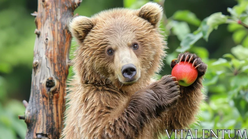 AI ART Brown Bear Cub Portrait with Apple - Wildlife Photography
