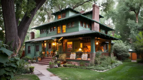 Captivating Craftsman-style House with Green Exterior and Red Brick Chimney