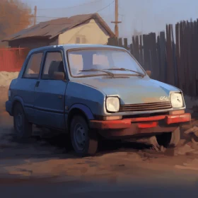 Eerily Realistic Digital Painting of a Small Car on a Dirt Road