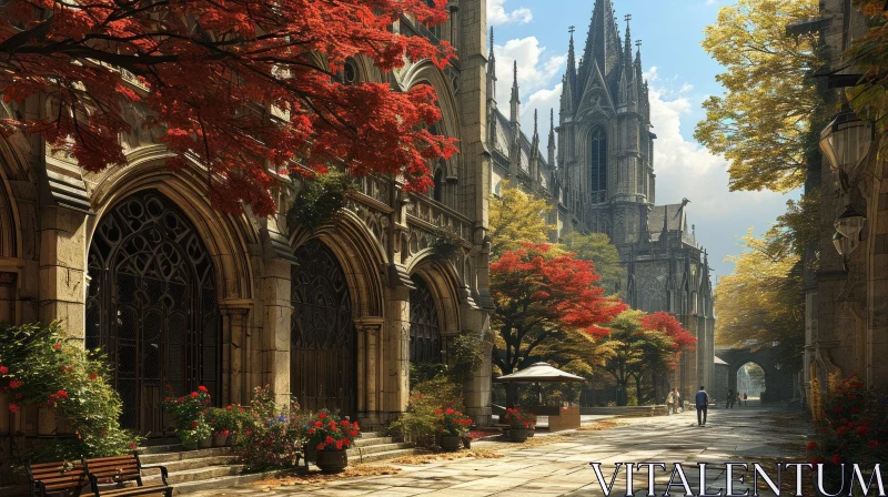 Enchanting European City Streetscape with Intricate Carvings and Stained Glass Windows AI Image