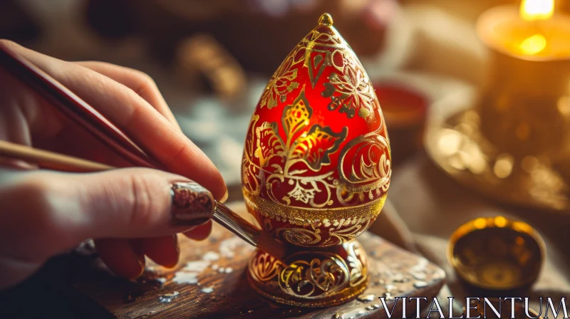 AI ART Exquisite Painting of a Woman Decorating a Red Easter Egg with Golden Paint