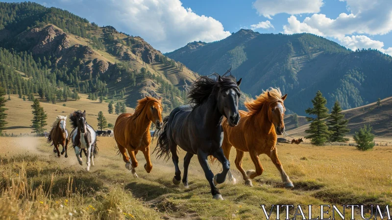 Galloping Horses in a Majestic Field | Captivating Wildlife Photography AI Image