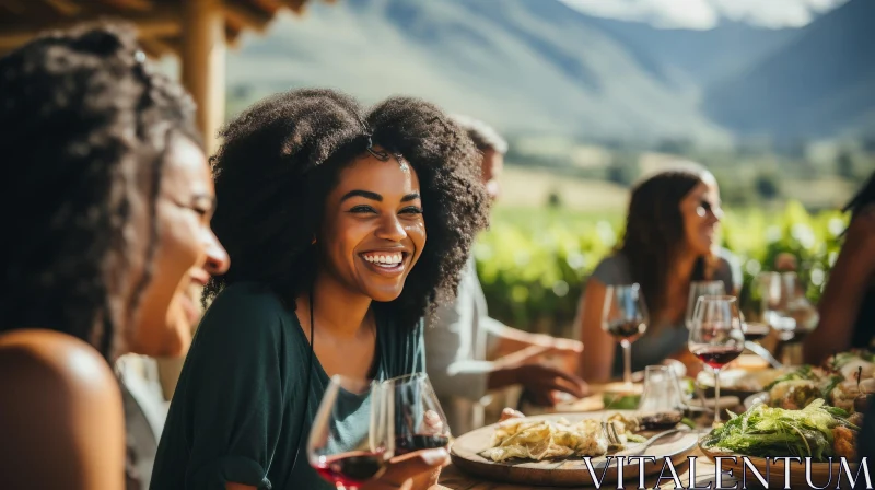 Joyful Group of Friends Enjoying a Meal in Scenic Landscape AI Image